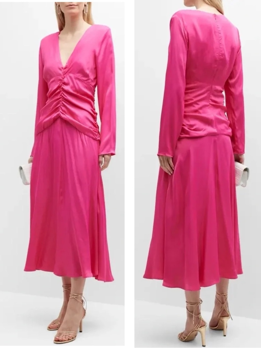 Farm Rio Pink Ruched Long Sleeve V-Neck Midi Dress XS